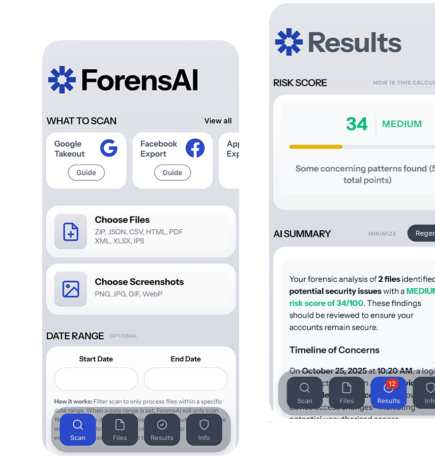 ForensAI digital forensics analysis dashboard - alternative to firms for account security